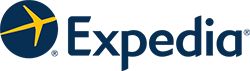 Expedia Brand Logo Blue Globe Icon with a Yellow Airplane and the Blue Text Expedia